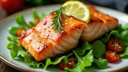 Delicious Pan-Seared Salmon Fillet with Sesame Seeds, Lemon, and Fresh Greens on a Plate