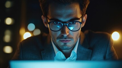 Focused professional working late, illuminated by screen light, intense gaze