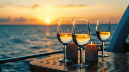 A romantic dinner for two on a luxury cruise, with candlelight and wine.