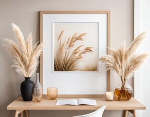Calm Minimalist Home Office Desk with Pampas Grass Decor