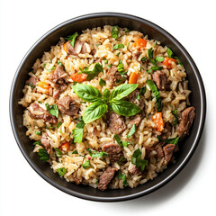 rice, beef rice bowl, rice with meat, seasoned rice on white background