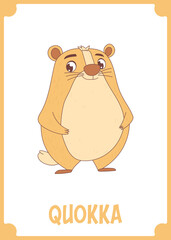 Cartoon style illustration of a cute smiling Quokka marsupial with golden fur, brown nose, ears and feet, and white belly on a black background.