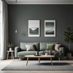 Modern Living Room Interior with Green Sofa and Mountain Art