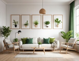 Modern Scandinavian Living Room Interior with Plants and Green Accents