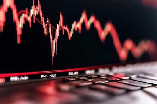 A close-up view of a laptop keyboard displaying a collection market graph, characterized by red downward trends indicating market fluctuations.