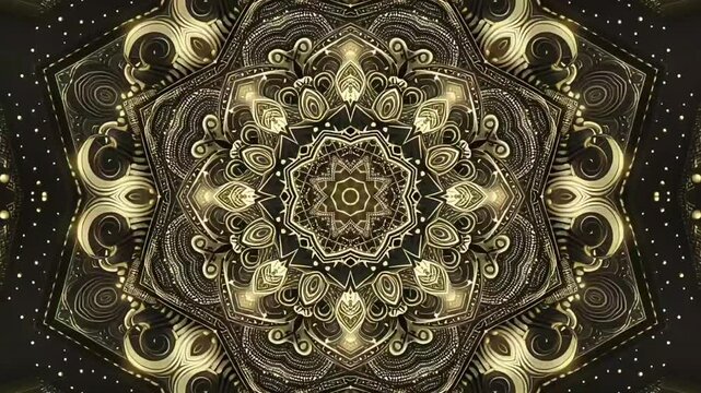 Wedding Invitation golden ornament motion. Golden ornamental kaleidoscope video with light effect