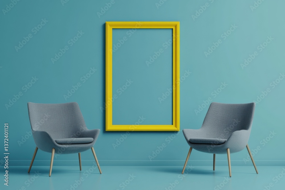 Aufkleber A simple composition with two gray armchairs and an empty yellow frame on the wall, creating contrast between colors and adding depth to the scene.