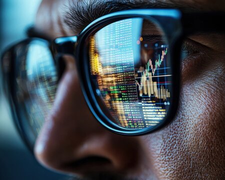 A close-up view of a person's face, with data and collection charts reflected in their glasses, highlighting a focus on finance and technology.