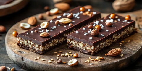 Chocolate Nut Bars on Wooden Board