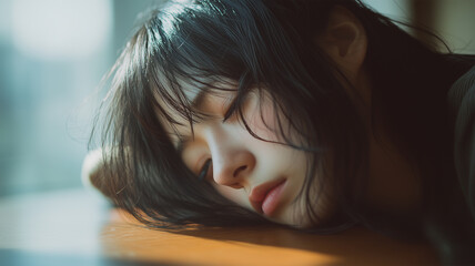 髪が顔にかかりテーブルに伏せた日本人女性の静かなアンニュイ表情