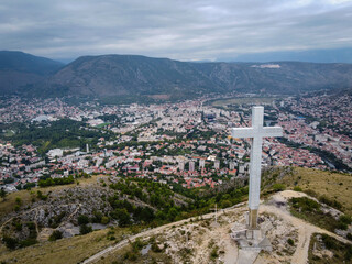 Millennium Cross aerial view with Mostar panorama, Bosnia and Herzegovina