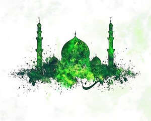 A Green Mosque Painting with Watercolor Splatter Effects