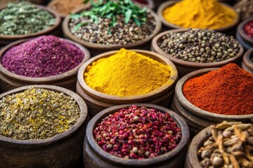 Fototapeta premium A variety of vibrant spices displayed in bowls, showcasing an array of colors.