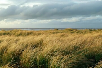 A vast expanse of wild sea grasses sways gently in the evening light as dusk settles.
