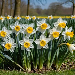 Obraz premium Close-up of White Daffodils with Yellow Centers in a Field