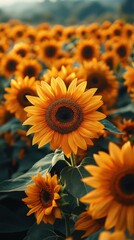 Fototapeta premium Vibrant Sunflower Field in Summer Sunshine with Close-Up Petals and Rural Scenery