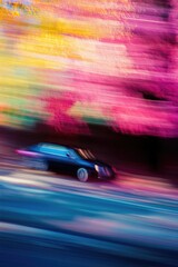 A vehicle rushes past, its shape indistinct amid the brilliant colors of dusk.