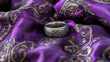 Obraz premium A silver ring with Celtic engravings on an elegant brocade fabric in royal purple