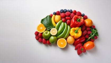 Brain-shaped arrangement of assorted fresh fruits and vegetables promoting healthy eating and mental wellness concept