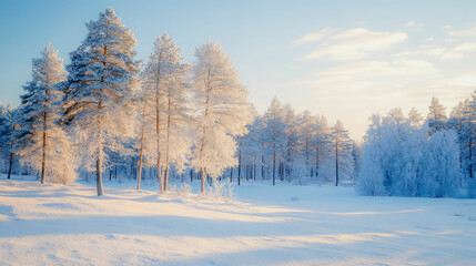 Obraz premium Snowy winter landscape with trees and sunlight in a frozen forest area