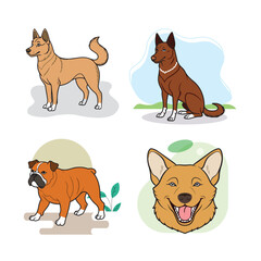 Dog_Cute dogs doodle vector set. Cartoon dog or puppy characters design collection with flat color in different poses. Set of funny pet animals isolated on white background.
