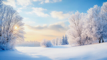 Obraz premium Beautiful frozen winter landscape with trees and snow covered field