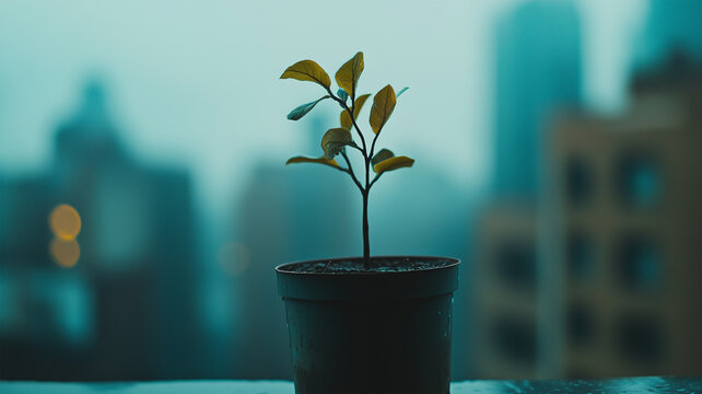 ビル風に揺れる葉を描写した一杯の植物のアート表現