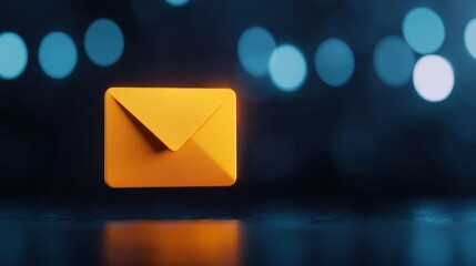 A vibrant, glowing orange envelope icon set against a blurred blue background, symbolizing communication and digital messaging.