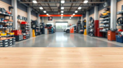 Empty wooden counter table with auto parts shop background
