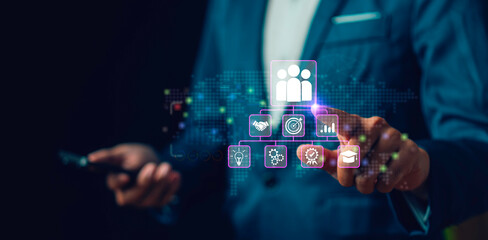 HR management concept, administration of human resources within an organization, focusing on recruitment, training, conflict resolution, and fostering a productive organizational culture