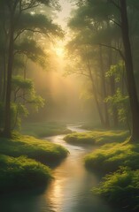 Fototapeta premium Tranquil forest creek with morning sunlight and soft mist