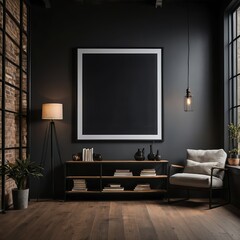 Fototapeta premium Modern Dark Living Room Interior with Empty Frame Mockup