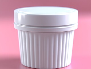 A white container with a lid placed on a pink background