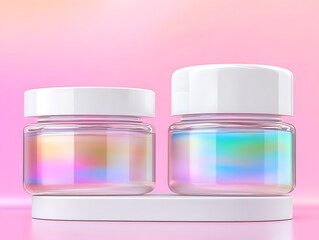 Two glass jars with holographic effect on white display stand