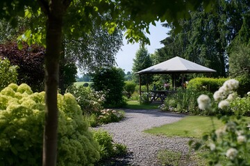 Obraz premium Lush garden with path leading to gazebo amid plants and trees