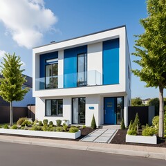 Fototapeta premium Modern Two-Story House with Blue Accents