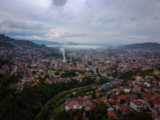 Fototapeta premium Panoramic aerial view of Sarajevo by misty morning, Bosnia and Herzegovina