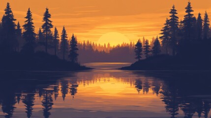 Fototapeta premium Tranquil golden sunset casting light across a calm river landscape with pine trees