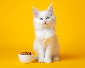 A beautiful white cat sitting near a bowl of cat food