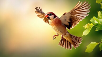 Obraz premium Colorful Bird in Mid-Flight Against a Soft Focus Background