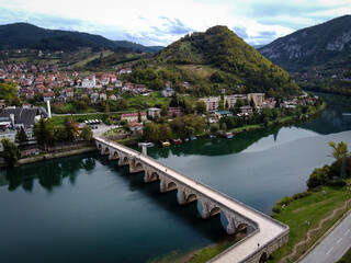 Fototapeta premium Mehmed Pasa Bridge in Visegrad aerial view, Bosnia and Herzegovina