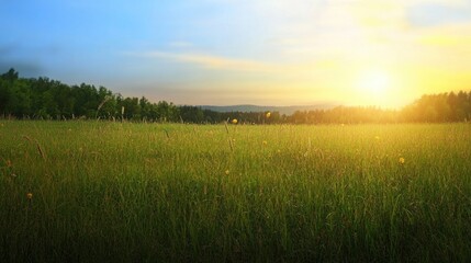 Obraz premium Serene Sunset Over Lush Green Field with Vibrant Sky and Horizon