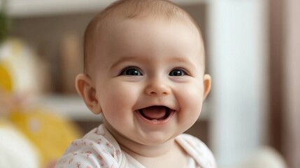 Happy Baby Smiling in Cozy Indoor Setting with Soft Lighting