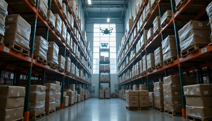 The view of a warehouse filled with boxes on racks. A small drone flies near the center