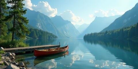 Obraz premium Serene Mountain Lake Scene with a Canoe Docked at a Wooden Pier on a Sunny Day