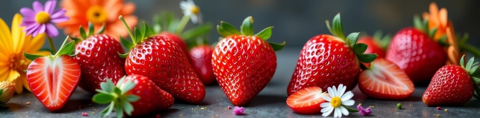 Luscious strawberries surrounded by colorful flowers, juicy, bloom, contrast
