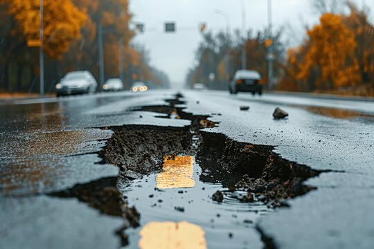 A cracked road surface is displayed with water pooling in the crevices, surrounded by autumn foliage and cars passing by on a rainy day.