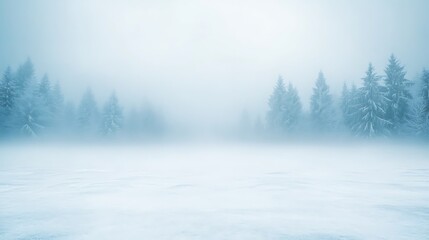 Dense fog obscures a snow covered forest landscape in winter