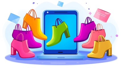 Colorful footwear and bags are displayed for online shopping