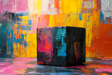 A colorful painted cube standing against a vibrant painted background